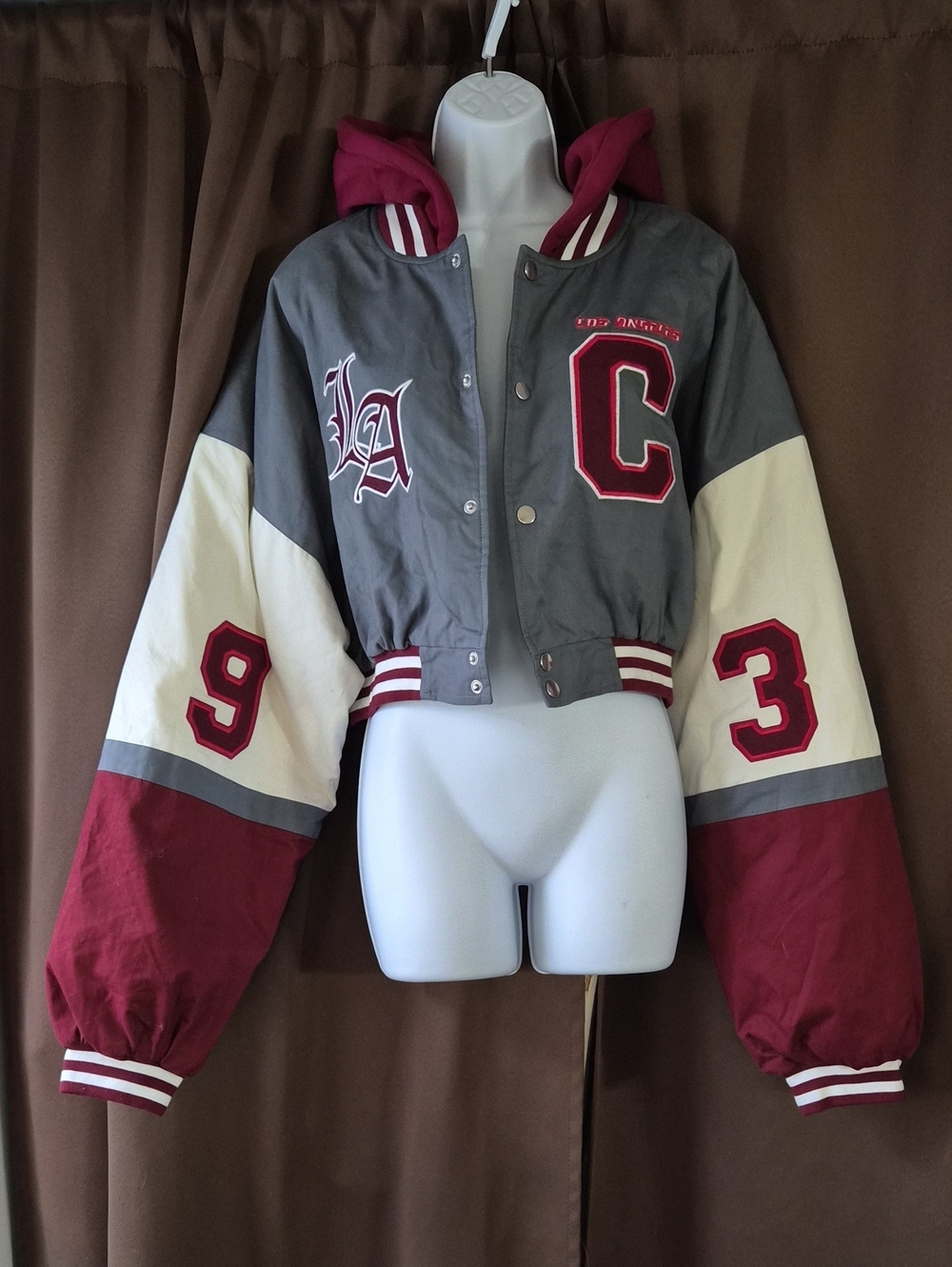 Pretty Little Thing Jacket Cropped Grey and Burgundy Varsity with Hood